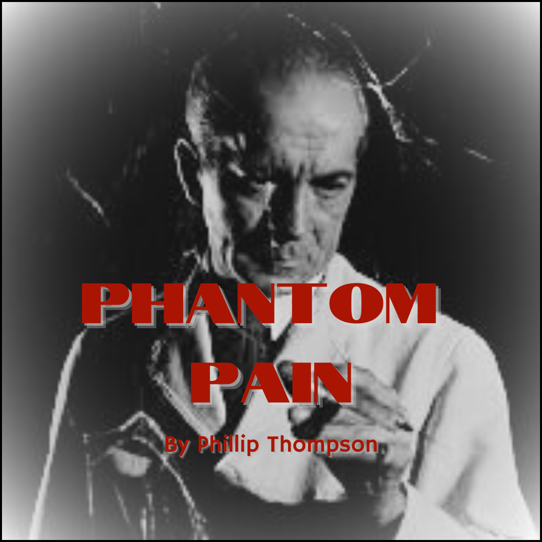 Black and white book cover featuring a man pointing a finger at the viewer with a serious expression. The title 'Phantom Pain' is in large red letters with the author's name, Phillips Thompson, below.