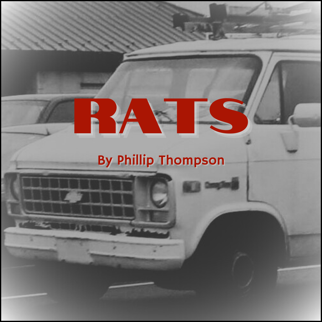 Black and white photo of an old utility van with a surfboard on top, parked in front of a building with a corrugated metal roof. The text overlay reads "RATS" in large red letters and "By Phillip Thompson" underneath.