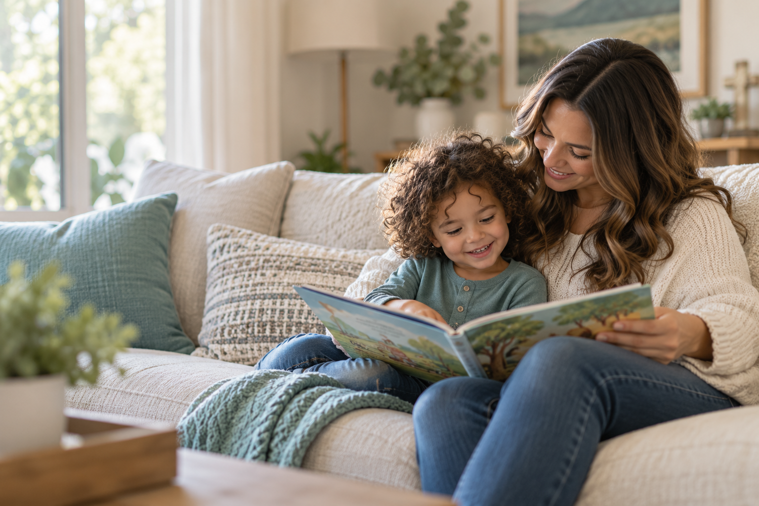 A caregiver and child reading together at home