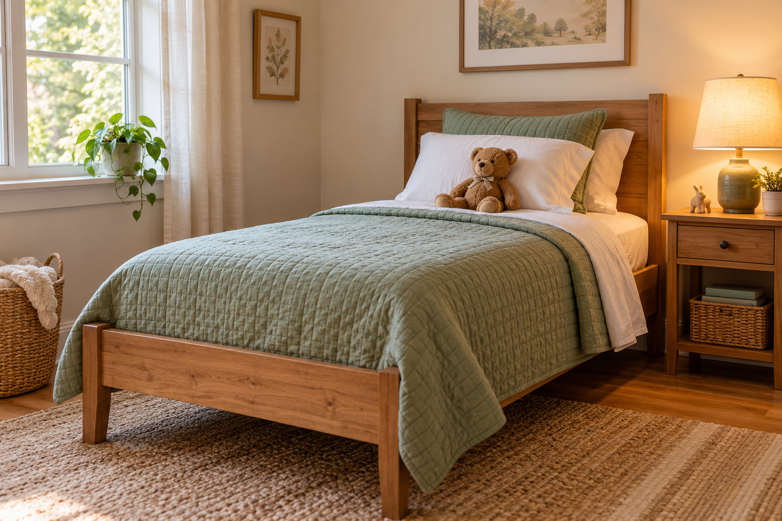 A twin bed with bedding prepared for a child