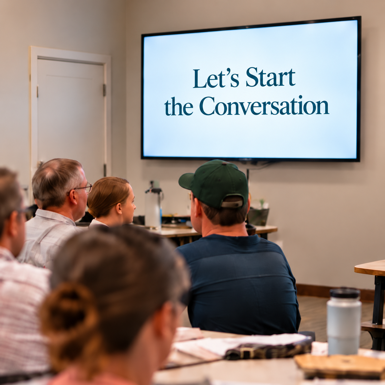 Church workshop participants facing a screen that reads Let’s Start the Conversation.