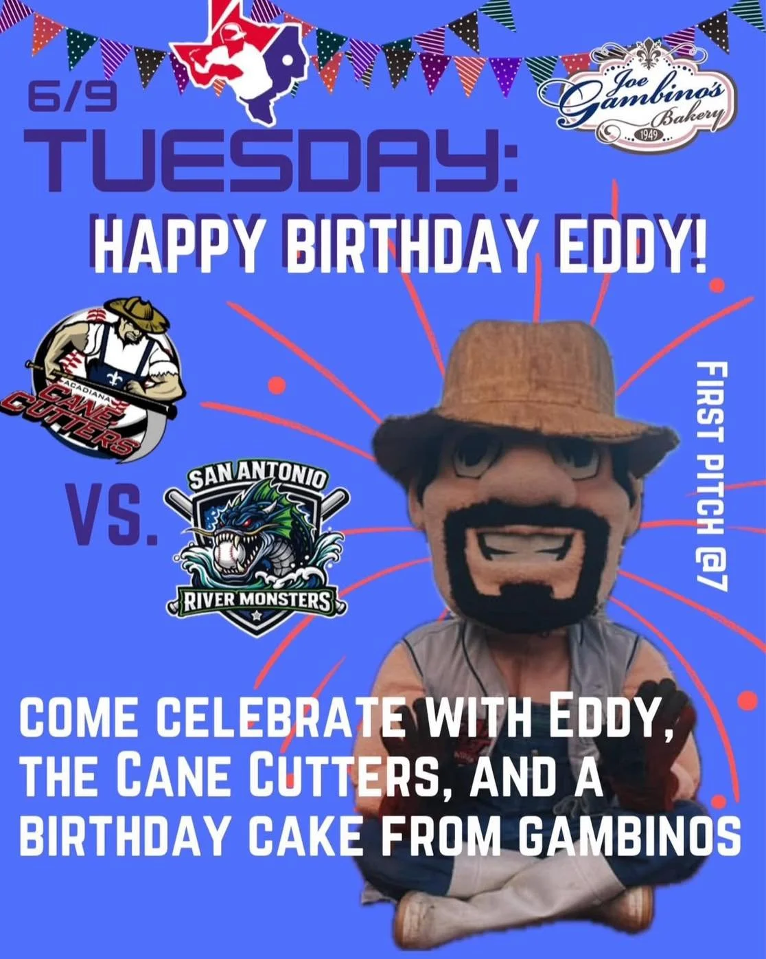 Come out and watch our very own Acadiana Cane Cutters. The icing on the cake is it&rsquo;s Eddy&rsquo;s Birthday. Come party with us.