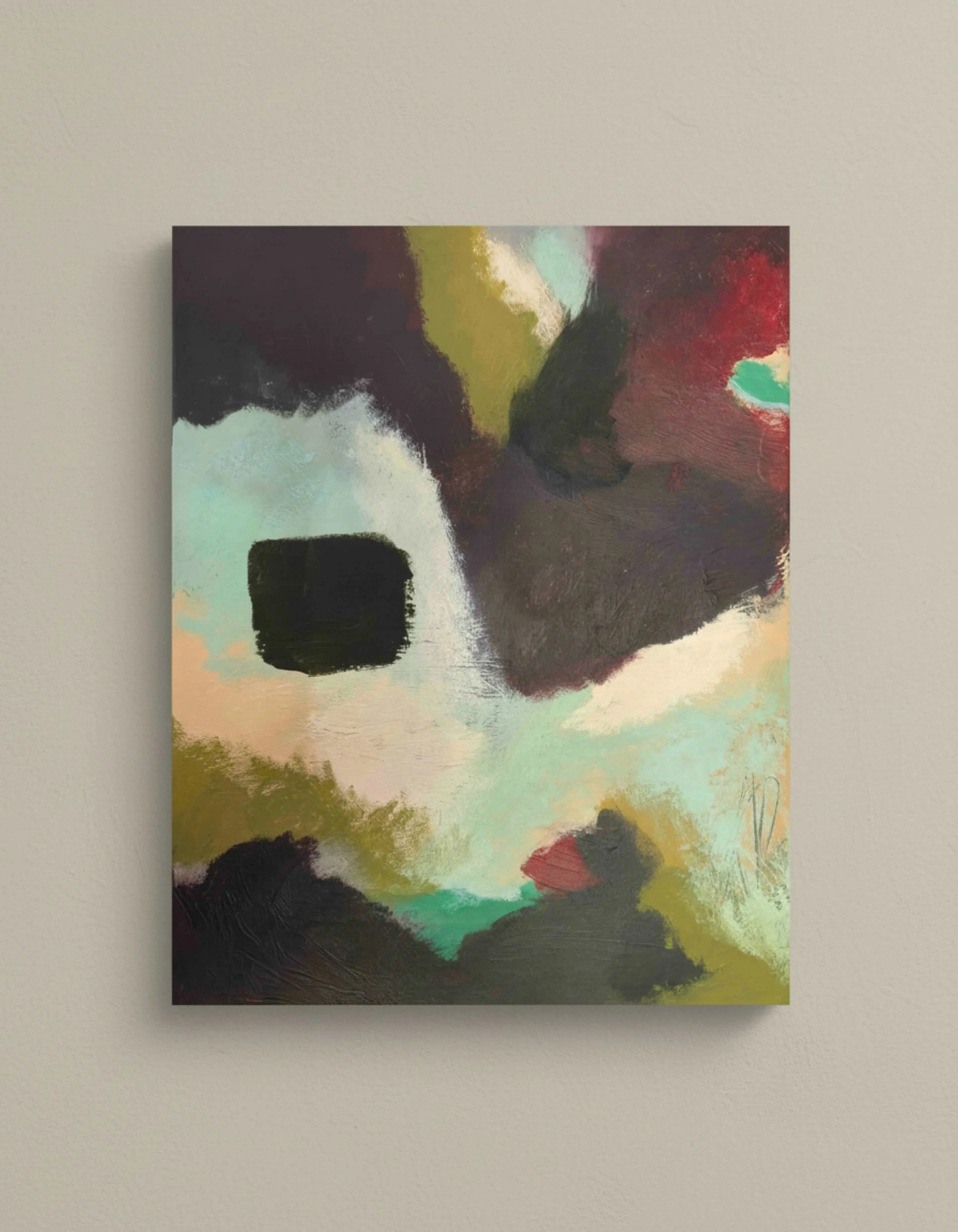 Abstract painting of a bear's face with black eyes and nose, using bold brushstrokes and a mix of dark and pastel colors.