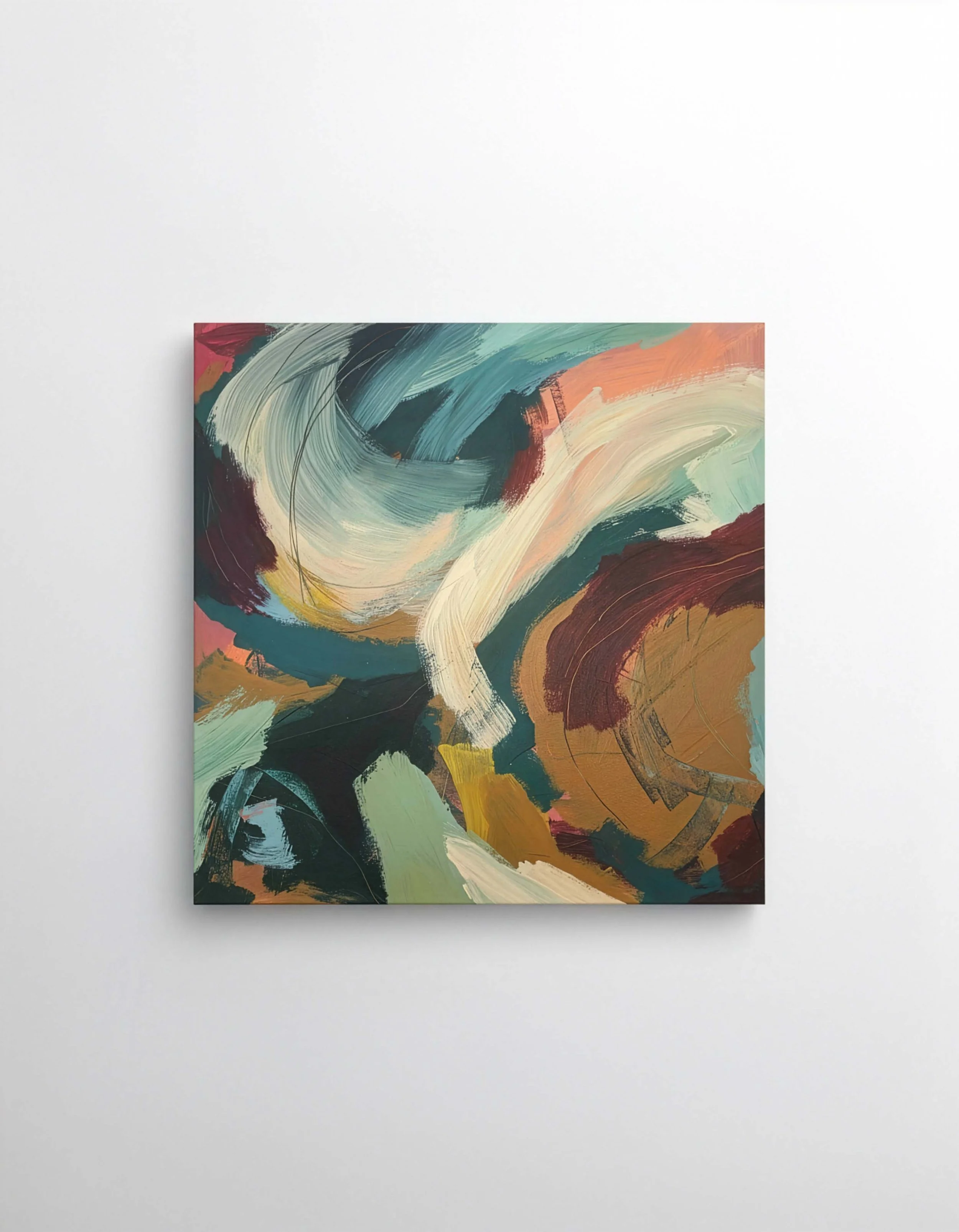 Abstract painting with swirling strokes of blue, beige, brown, black, and yellow on a white wall.
