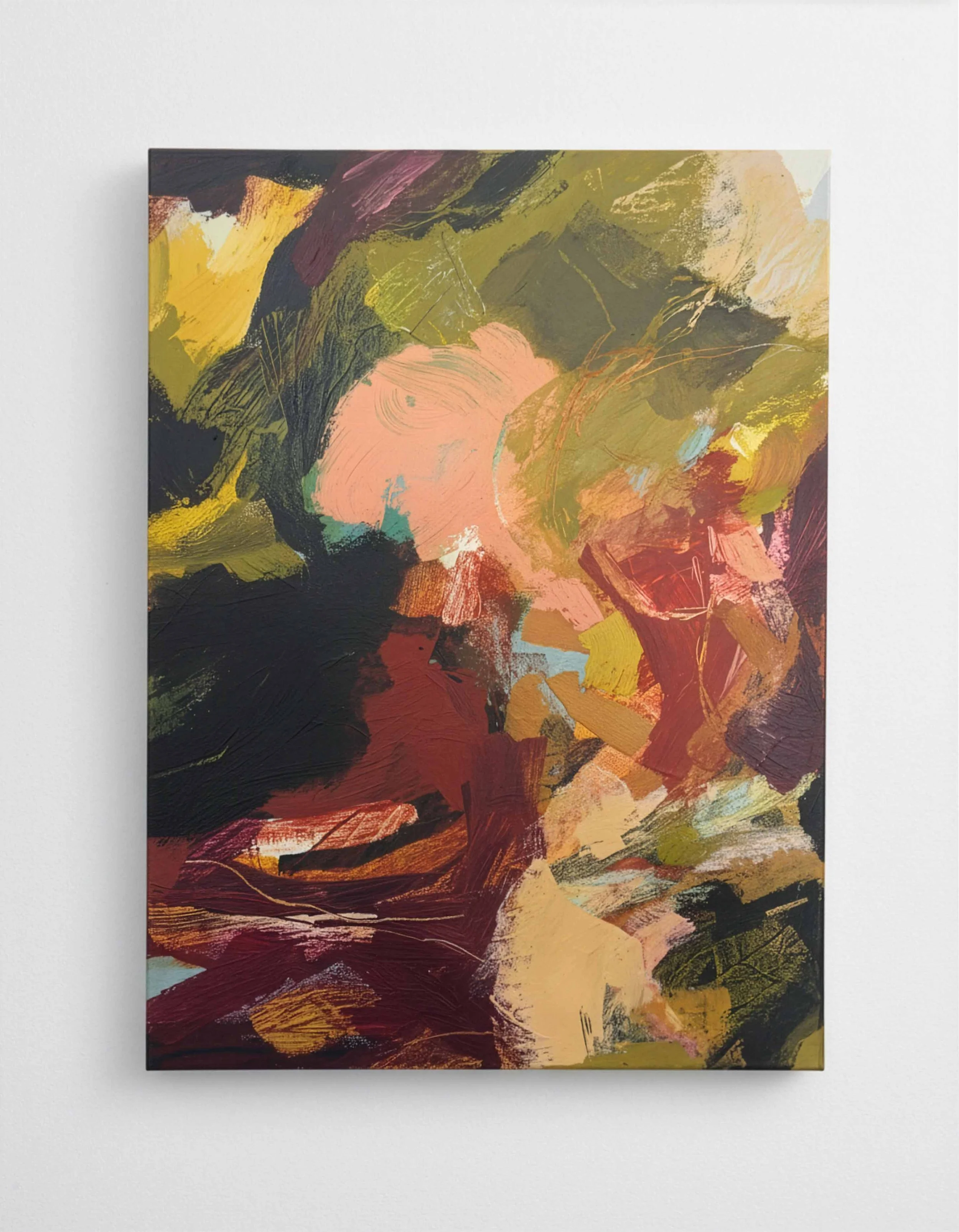 Abstract painting with bold brushstrokes and a palette of earthy tones, including black, olive green, peach, burgundy, light blue, and beige.