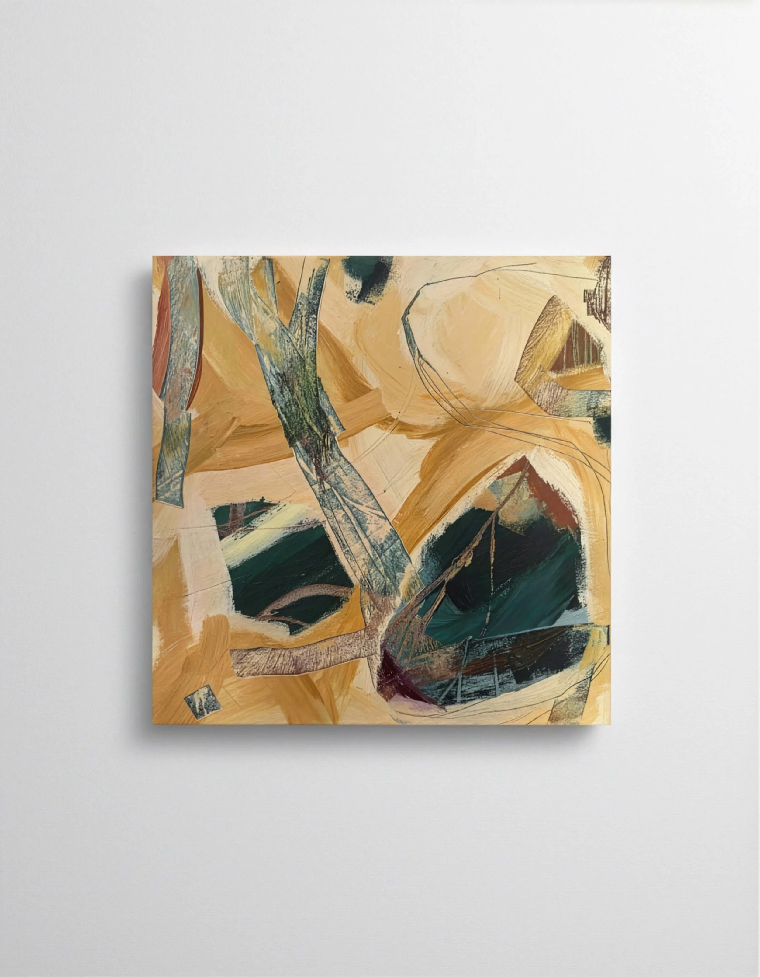 Abstract painting with earthy tones and dark accents, featuring brushstrokes and geometric shapes.