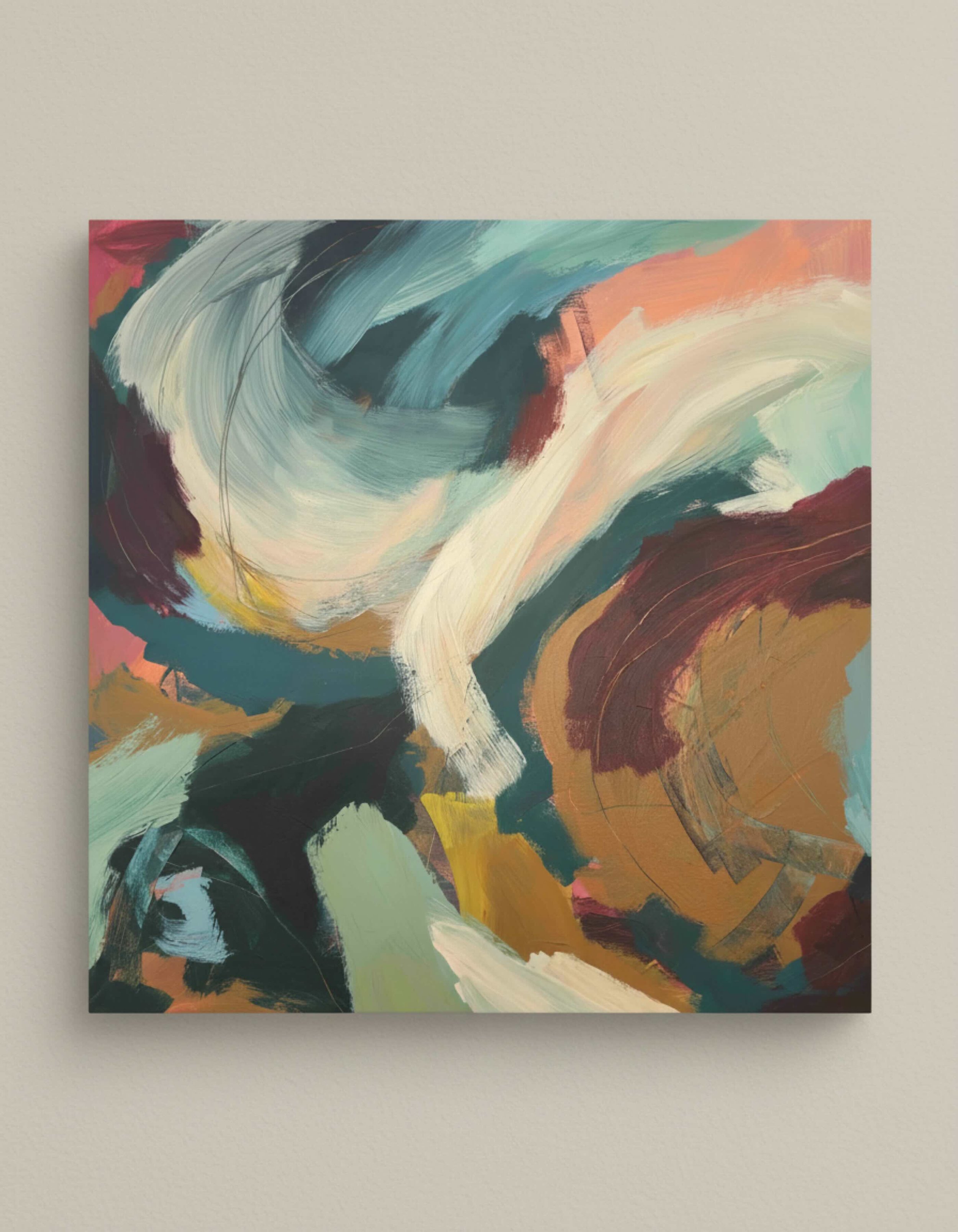 Abstract painting with bold, sweeping brushstrokes in teal, white, maroon, pink, yellow, and beige on a white wall.