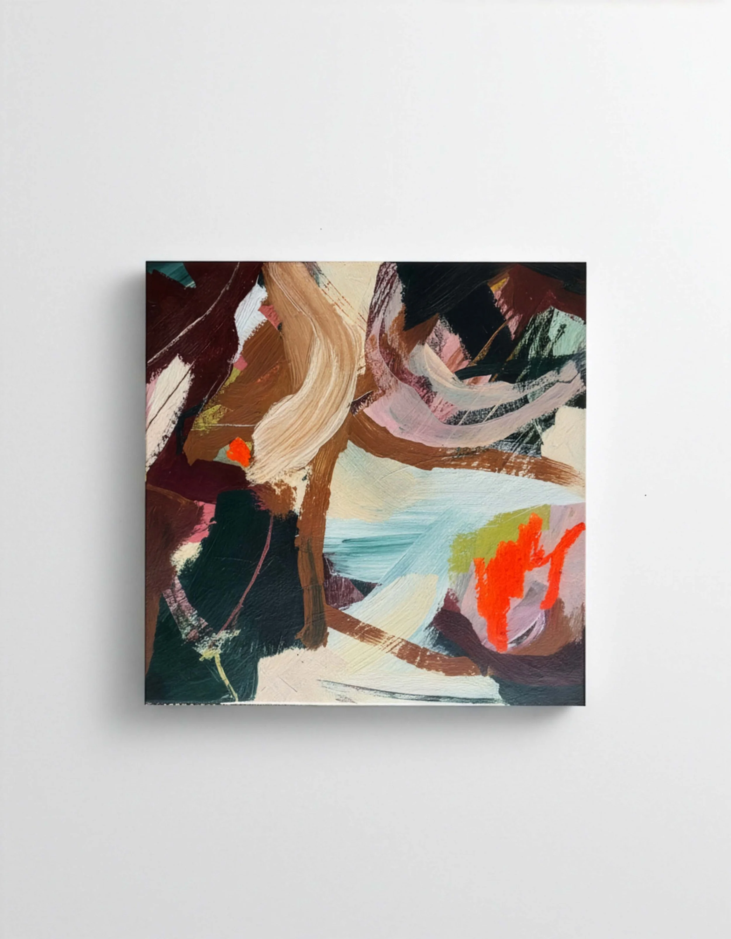 An abstract painting with bold brushstrokes and vibrant colors, including shades of brown, black, pink, orange, and light blue, on a small square canvas.