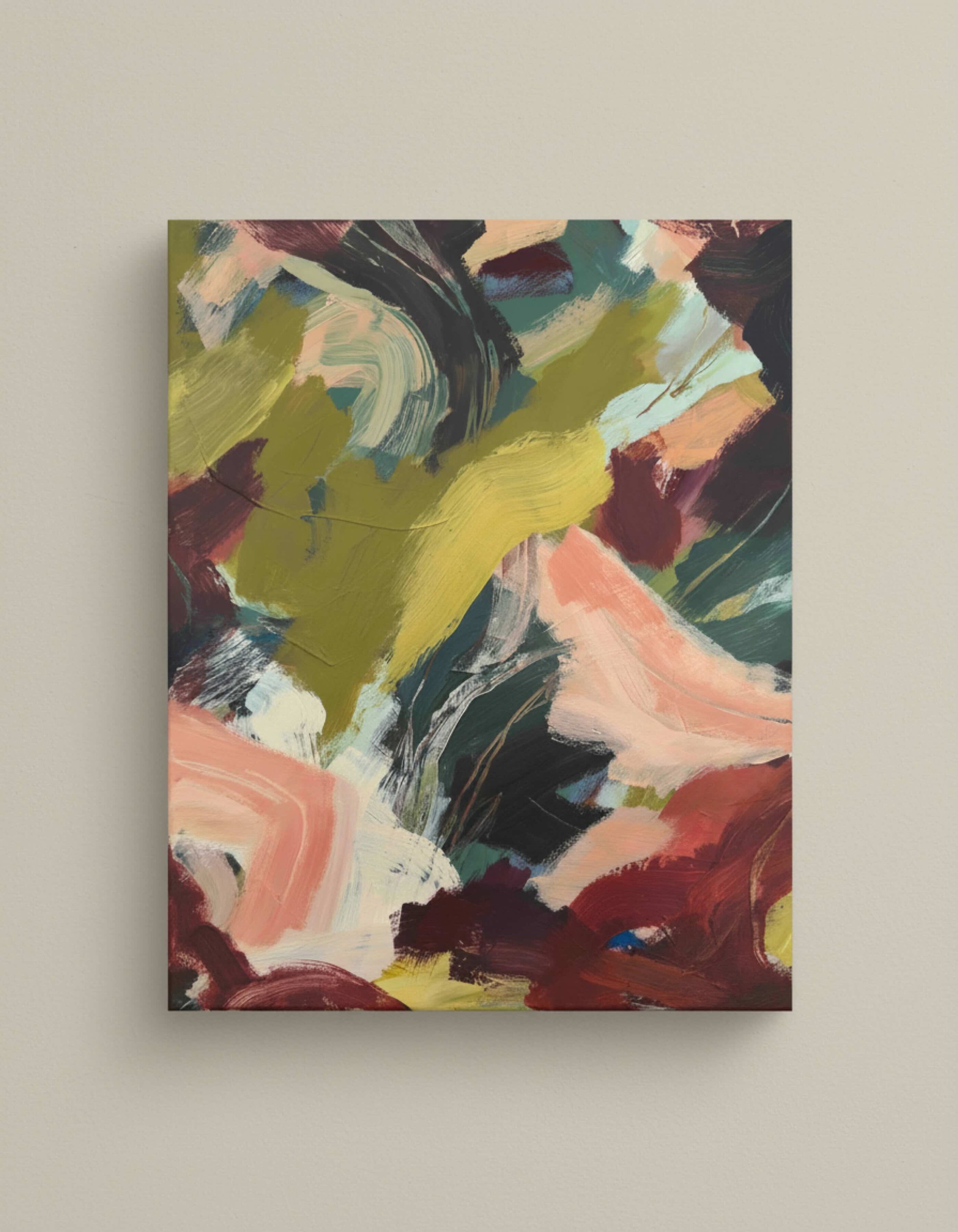 Abstract painting with bold brushstrokes in green, pink, black, blue, and cream colors.