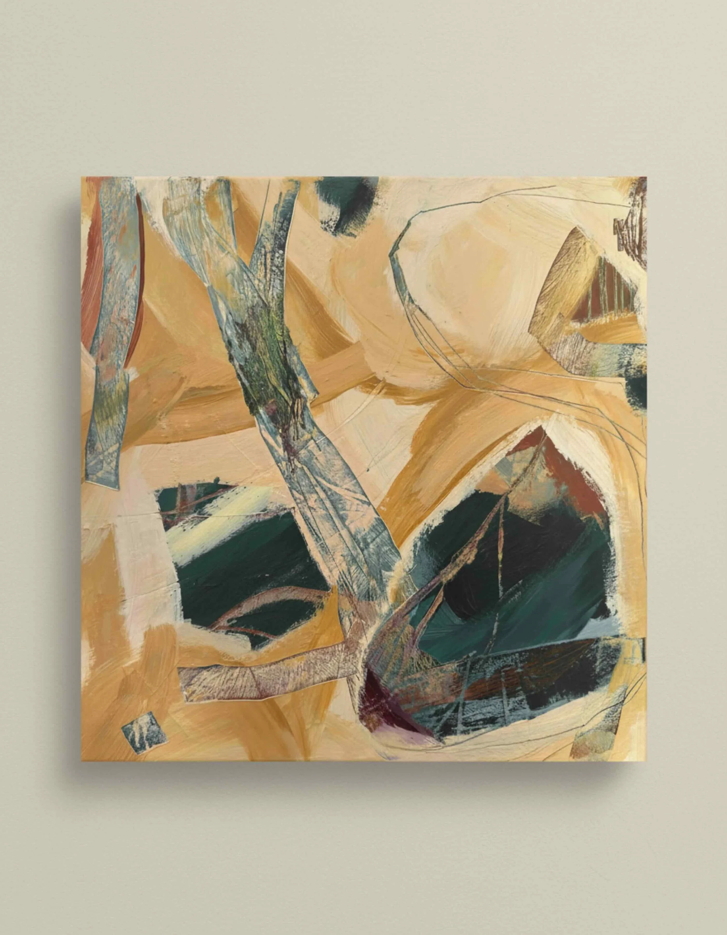 Abstract painting with earth tones, dark greens, and hints of blue and purple on a square canvas.