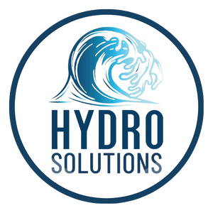 Hydro Solutions logo featuring a stylized wave within a circular emblem.