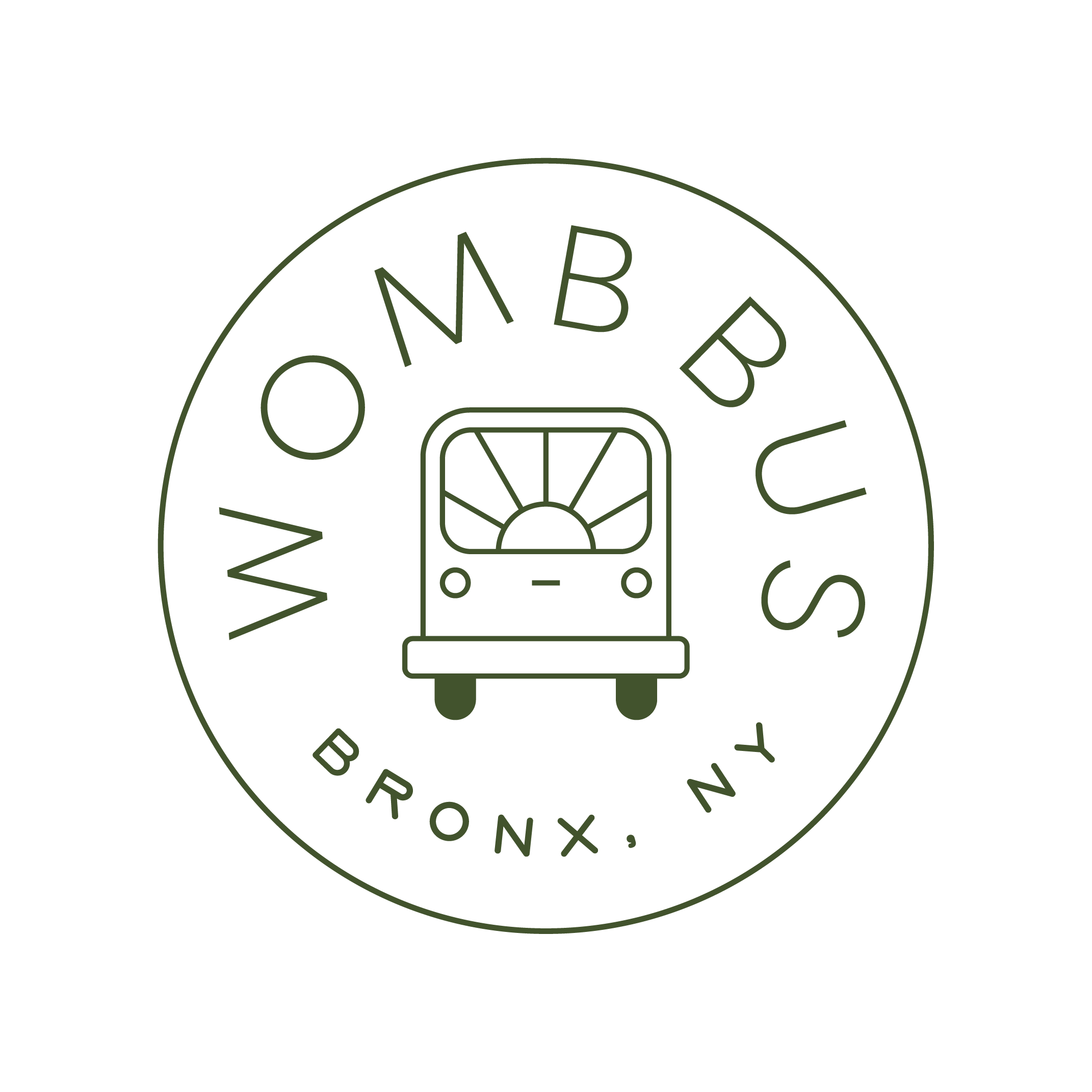 Logo with the words 'WOMMB BUS' and 'BRONX, NY' around a stylized vintage bus illustration, all in green outlined drawing style on black background.