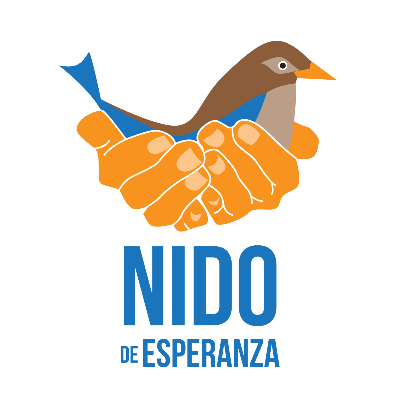 Illustration of a bird held in two clasped hands with the words 'Nido de Esperanza' below.