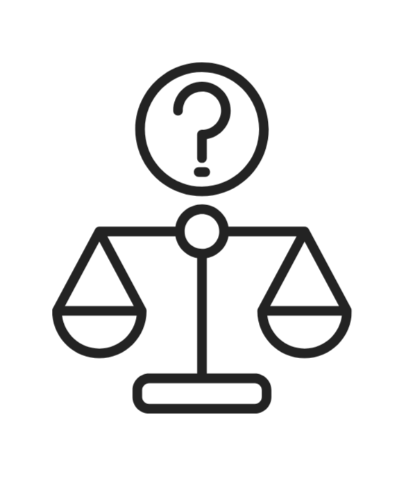 An icon of a balance scale with a question mark above it.