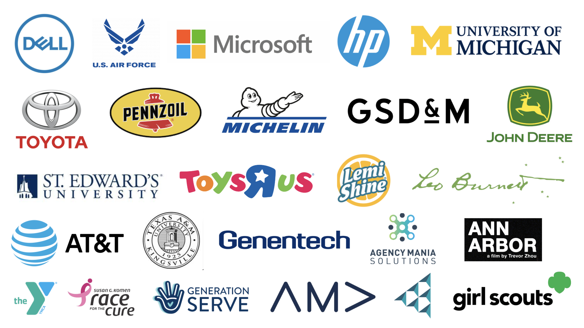 Collection of various corporate, educational, and organizational logos, including Dell, U.S. Air Force, Microsoft, HP, University of Michigan, Toyota, Pennzoil, Michelin, GSD&M, John Deere, St. Edward's University, Toys R Us, Lemi Shine, Leo Burnett, AT&T, Texas A&M University, Genentech, Agency Mania Solutions, Ann Arbor film, YMCA, Race for the Cure, Generation Serve, AMP, and Girl Scouts.