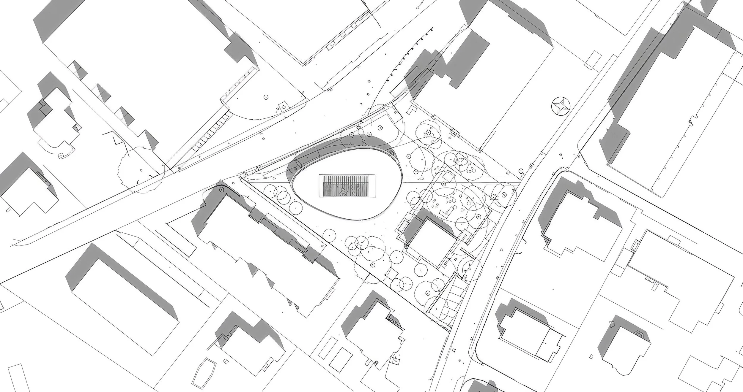 Stadtbibliothek Dornbirn | Entwurf | Die Bibliothek als Verbindung von Wohnbezirk und Innenstadt | Das Gebäude entlang eines Pfads im Park


