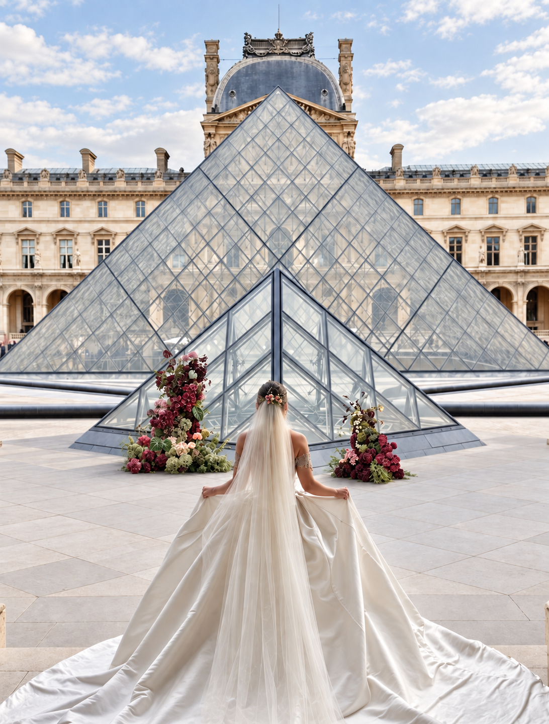 A bride with long blonde hair and a floral crown poses in front of the glass Louvre Pyramid in Paris, wearing a white wedding dress with a long train and floral arrangements on either side.