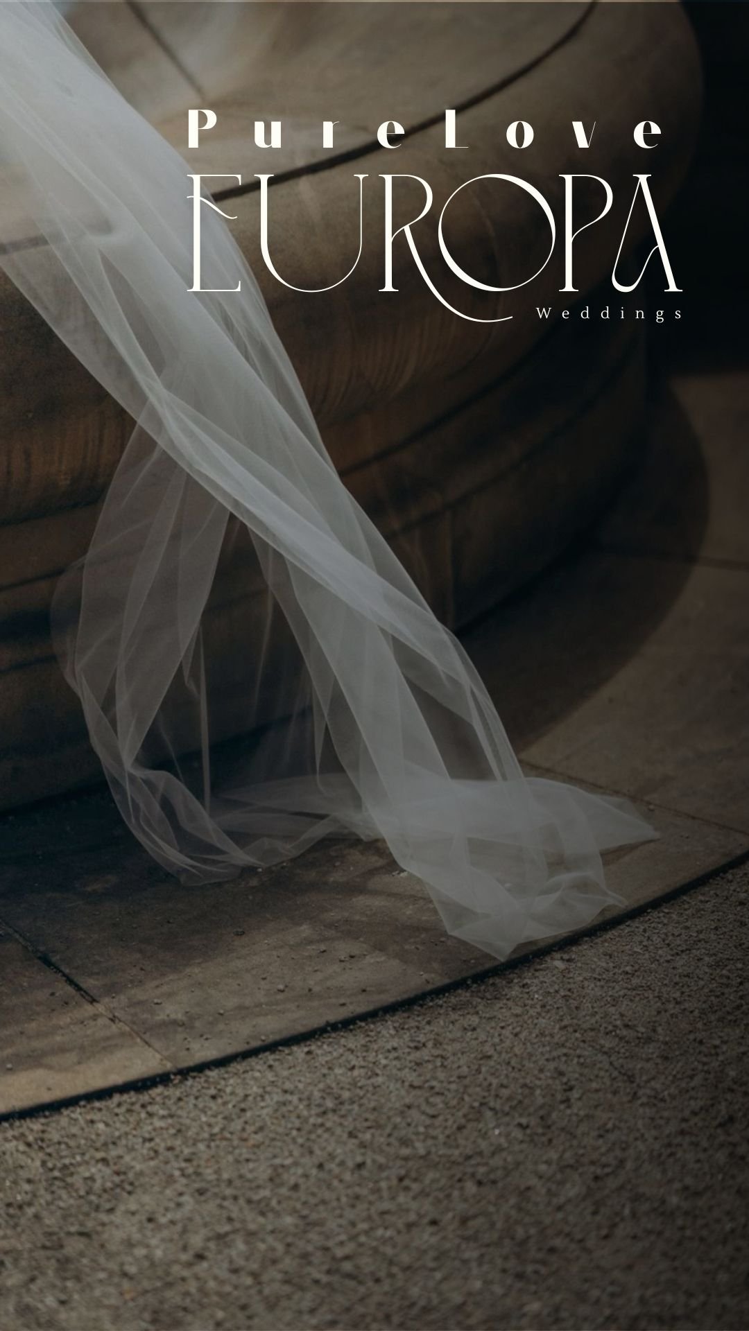 A sheer white veil draped over a wooden surface, with the words "PureLove EUROPA Weddings" overlayed in elegant text.