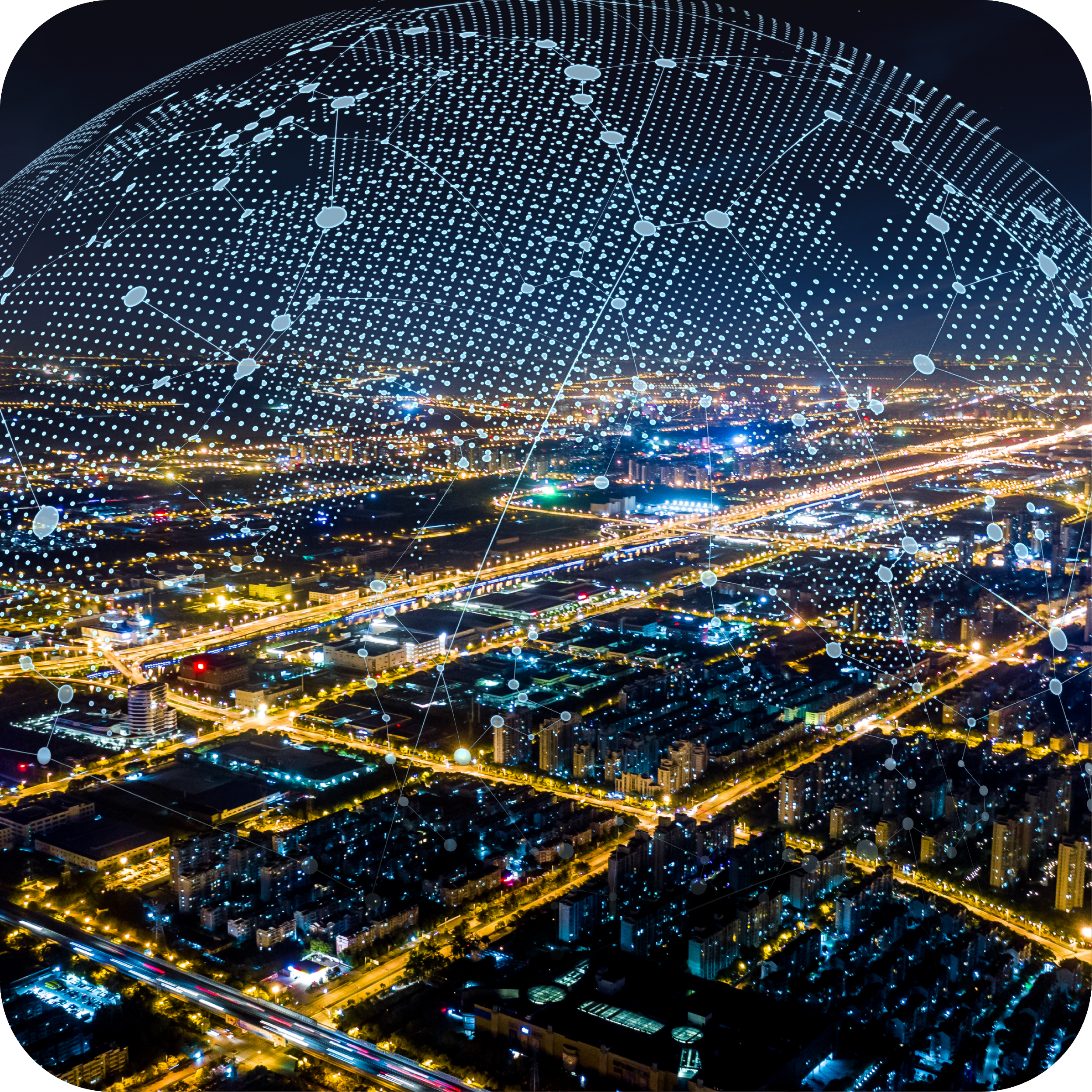 Nighttime cityscape with illuminated buildings and roads, overlaid by a digital network of interconnected dots and lines representing global connectivity.