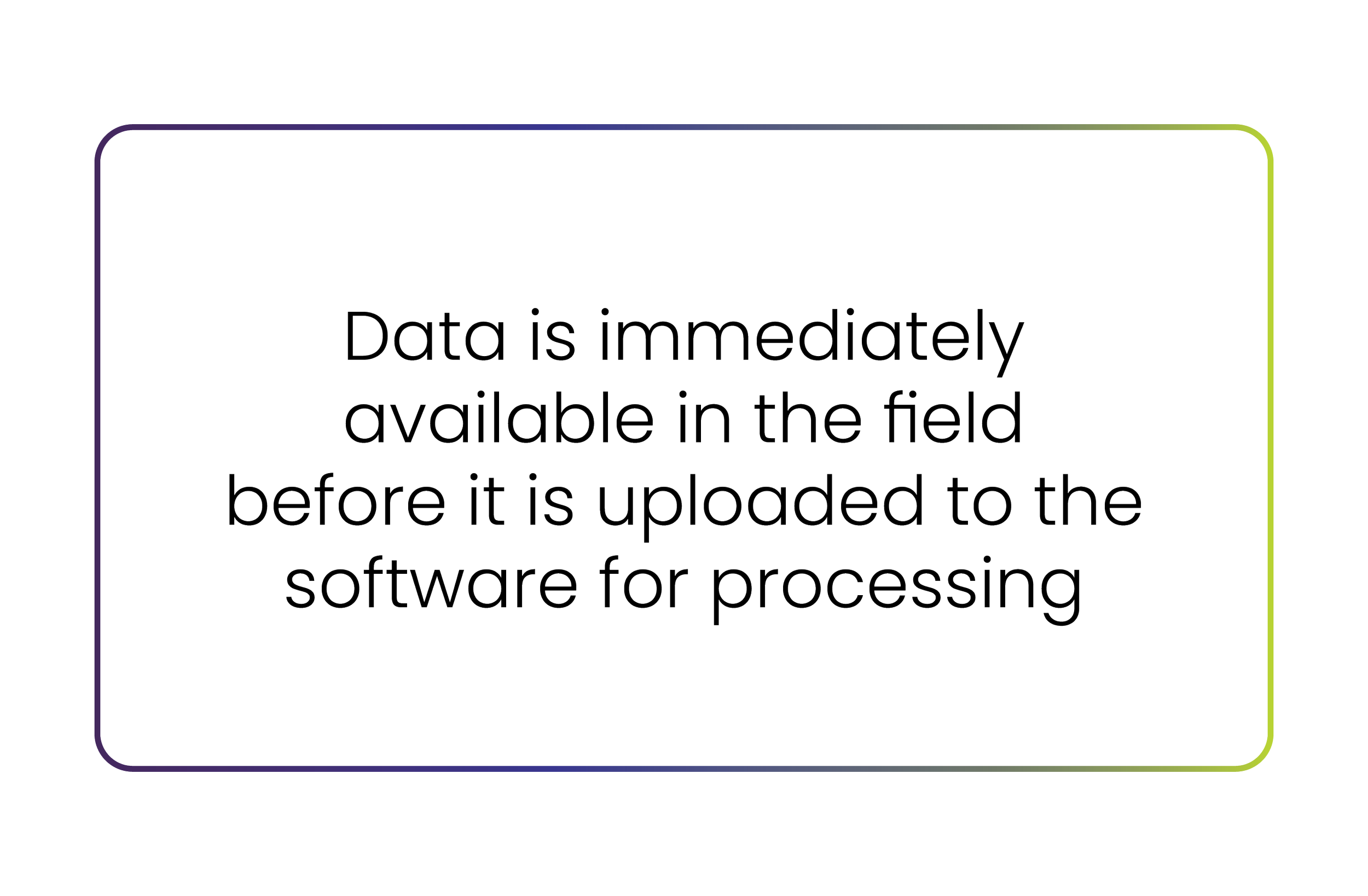 Graphic box with the text "Data is immediately available in the field before it is uploaded to the software for processing" inside a colorful border.