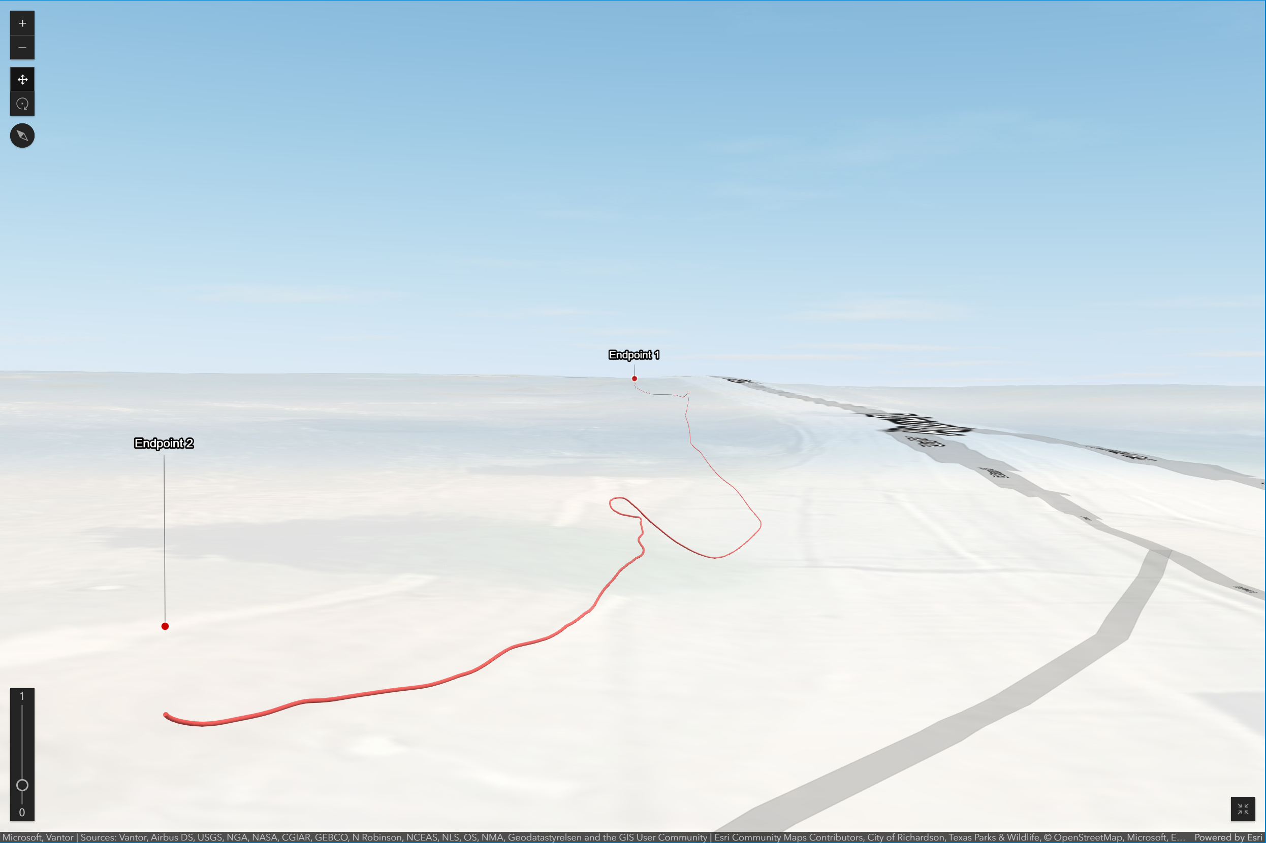 A 3D map showing a path from Endpoint 2 to Endpoint 1, with the route marked in red, set against a landscape with a blue sky.