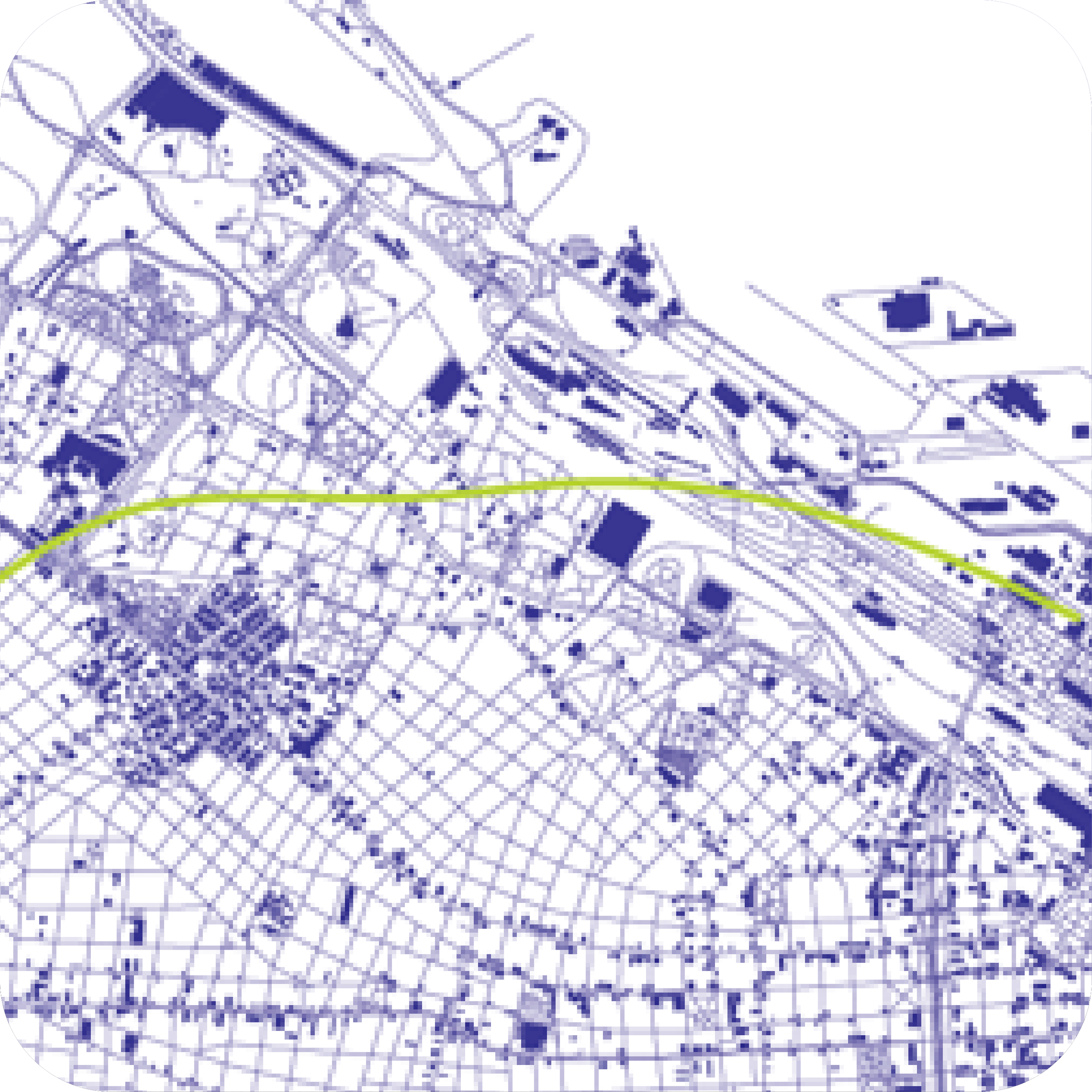 A digital map showing a city layout with streets and buildings in blue, and a highlighted green route.