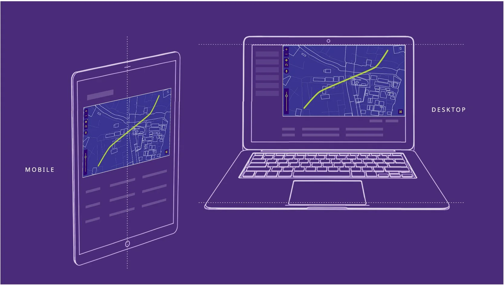A digital illustration showing a comparison between mobile and desktop devices displaying a map with a route. The left side features a mobile phone outline labeled 'Mobile,' with a map and route displayed. The right side features a laptop outline labeled 'Desktop,' showing the same map and route on the screen. The background is purple.