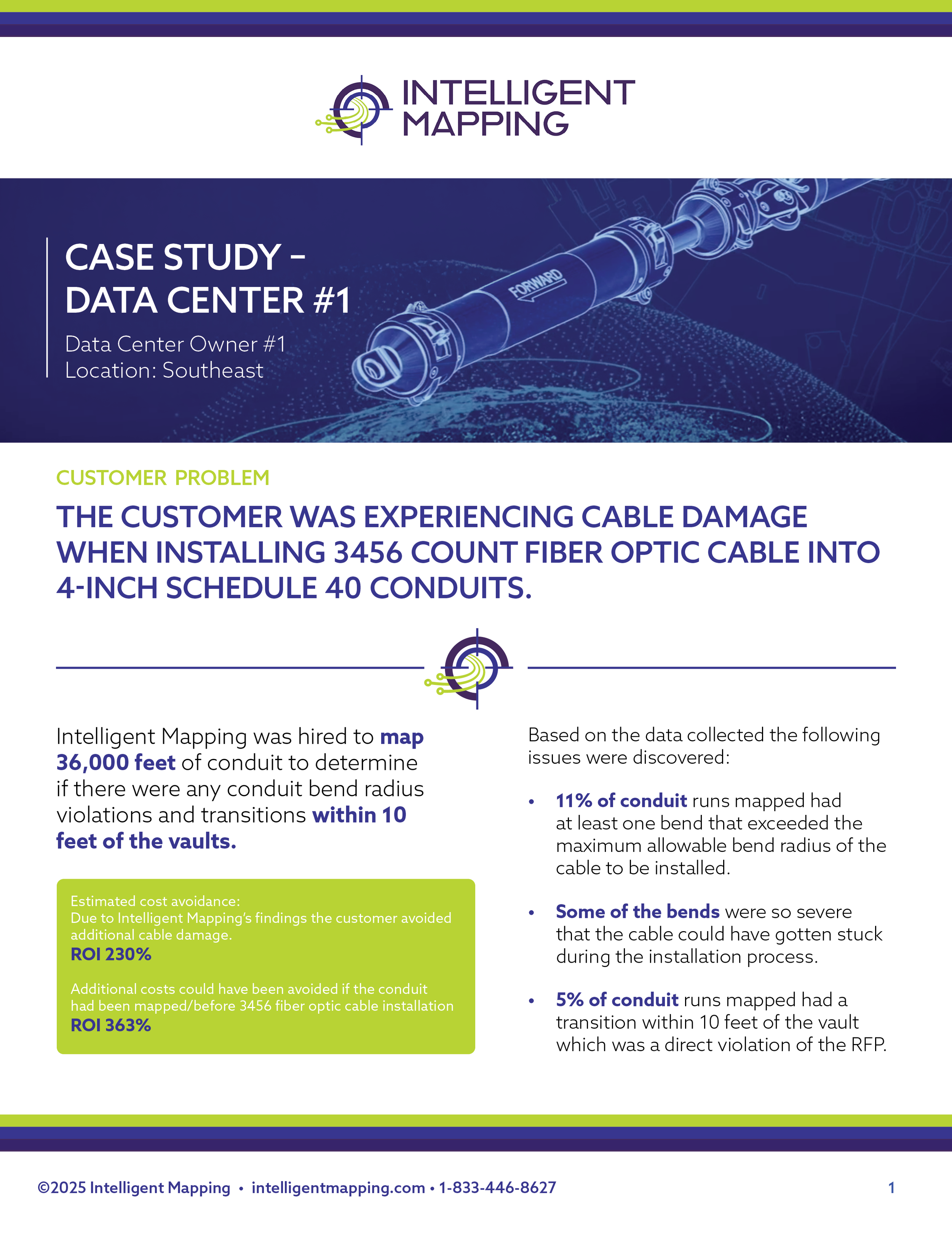 Cover page of a case study report from Intelligent Mapping about cable damage issues during fiber optic cable installation, with a technical illustration of a fiber optic cable at the top.