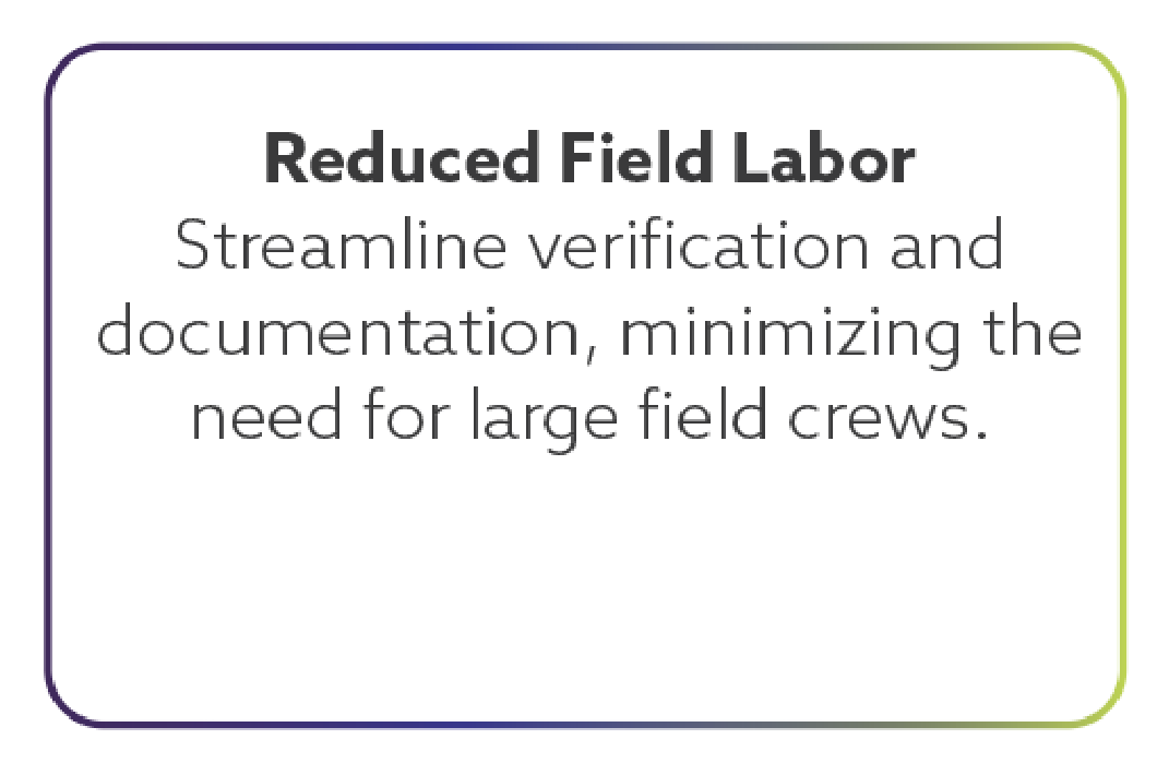Text saying "Reduced Field Labor" and explains streamlining verification and documentation to minimize large field crews.