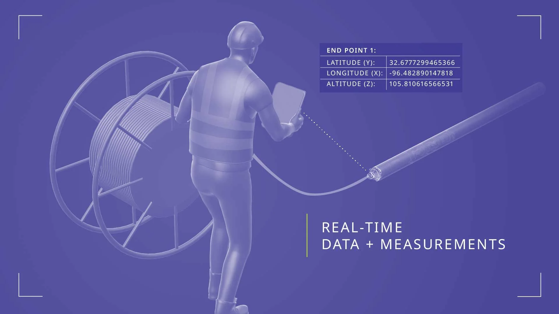 Illustration of a worker in a hard hat and safety vest holding a tablet, with parts of a cable reel and a cable, overlaid with real-time data including latitude, longitude, and altitude, and the text 'REED-TIME DATA + MEASUREMENTS'.