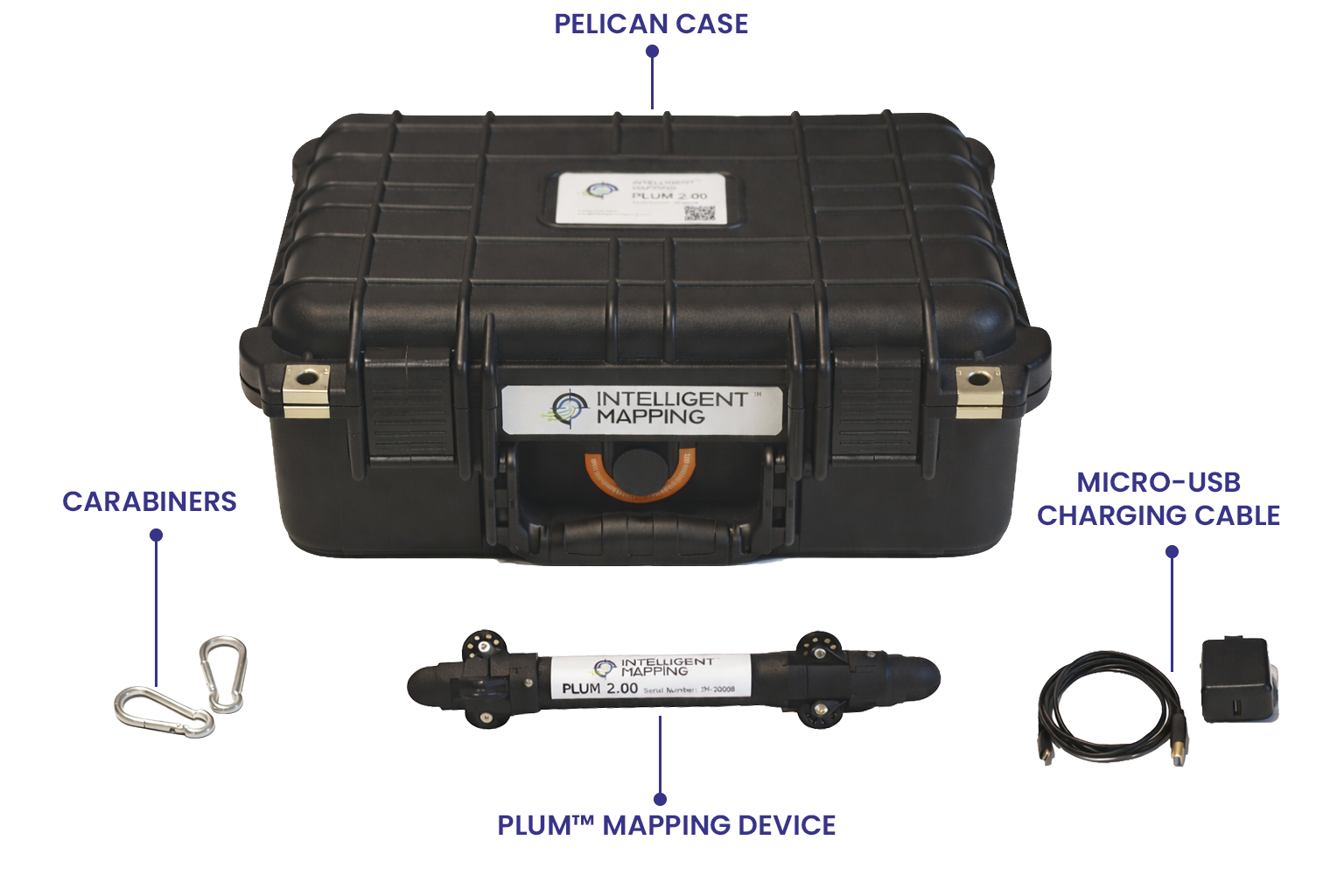 A black pelican case containing an Intelligent Mapping device, a Plum mapping device, carabiners, a micro-USB charging cable, and a power adapter.