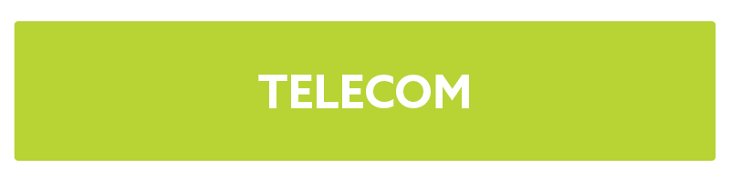 Green rectangle with white text that reads 'TELECOM'