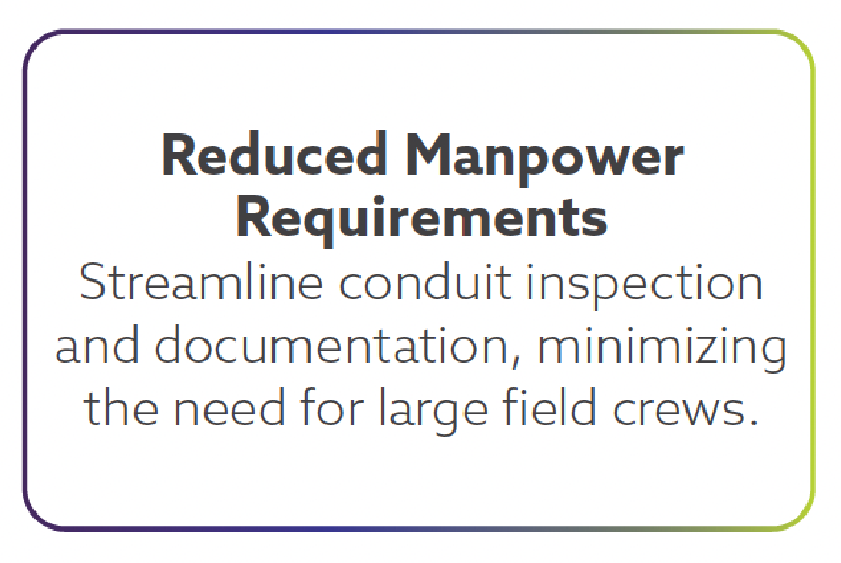Text emphasizing reduced manpower requirements through streamlined conduit inspection and documentation to minimize the need for large field crews.
