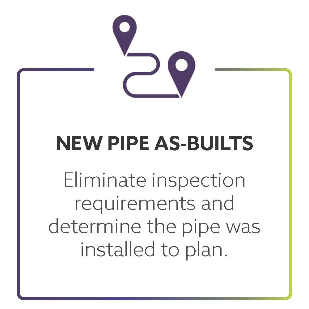Diagram showing two location pins connected by a winding pipe, with a heading about new pipe as-builts, and a note about eliminating inspection requirements.