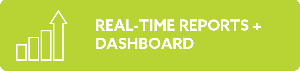 Green banner with an upward trending bar graph icon and the text 'Real-Time Reports + Dashboard'.