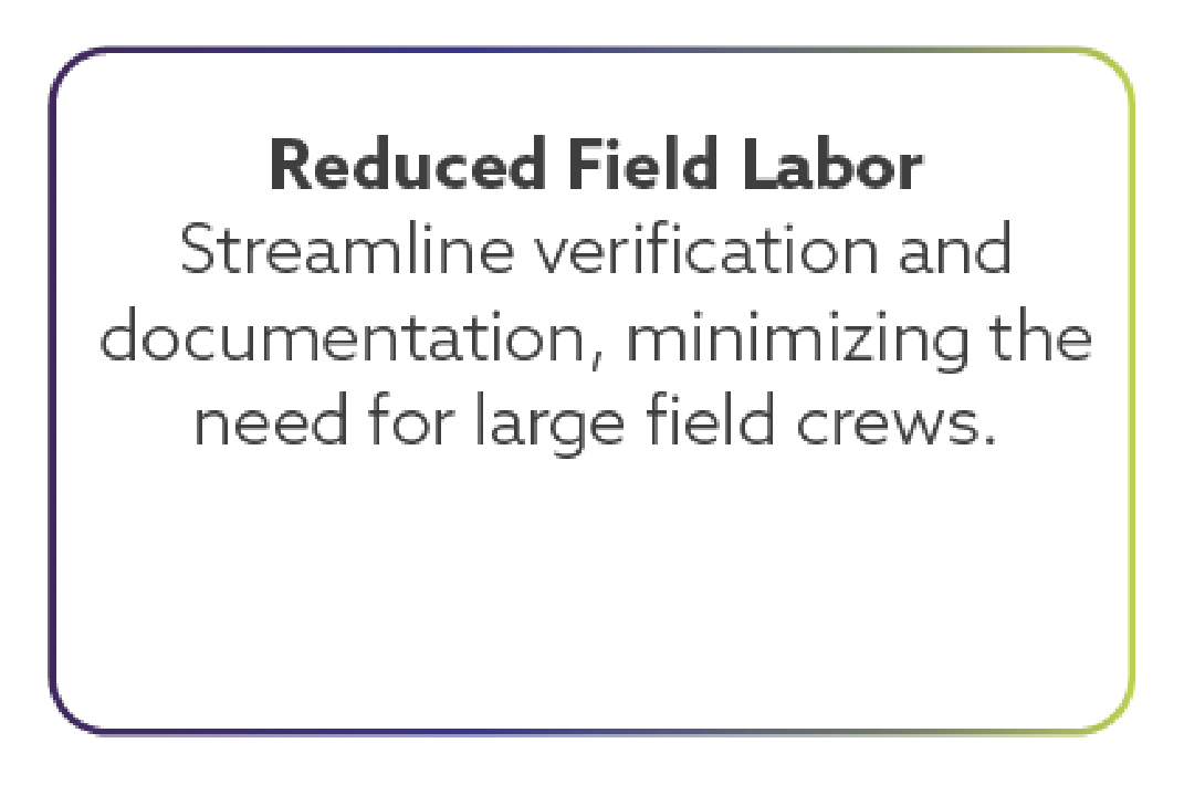 Text explaining reduced field labor, streamlining verification and documentation to minimize large field crews.