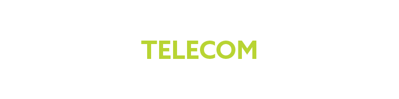 Black background with green text reading 'TELECOM'.