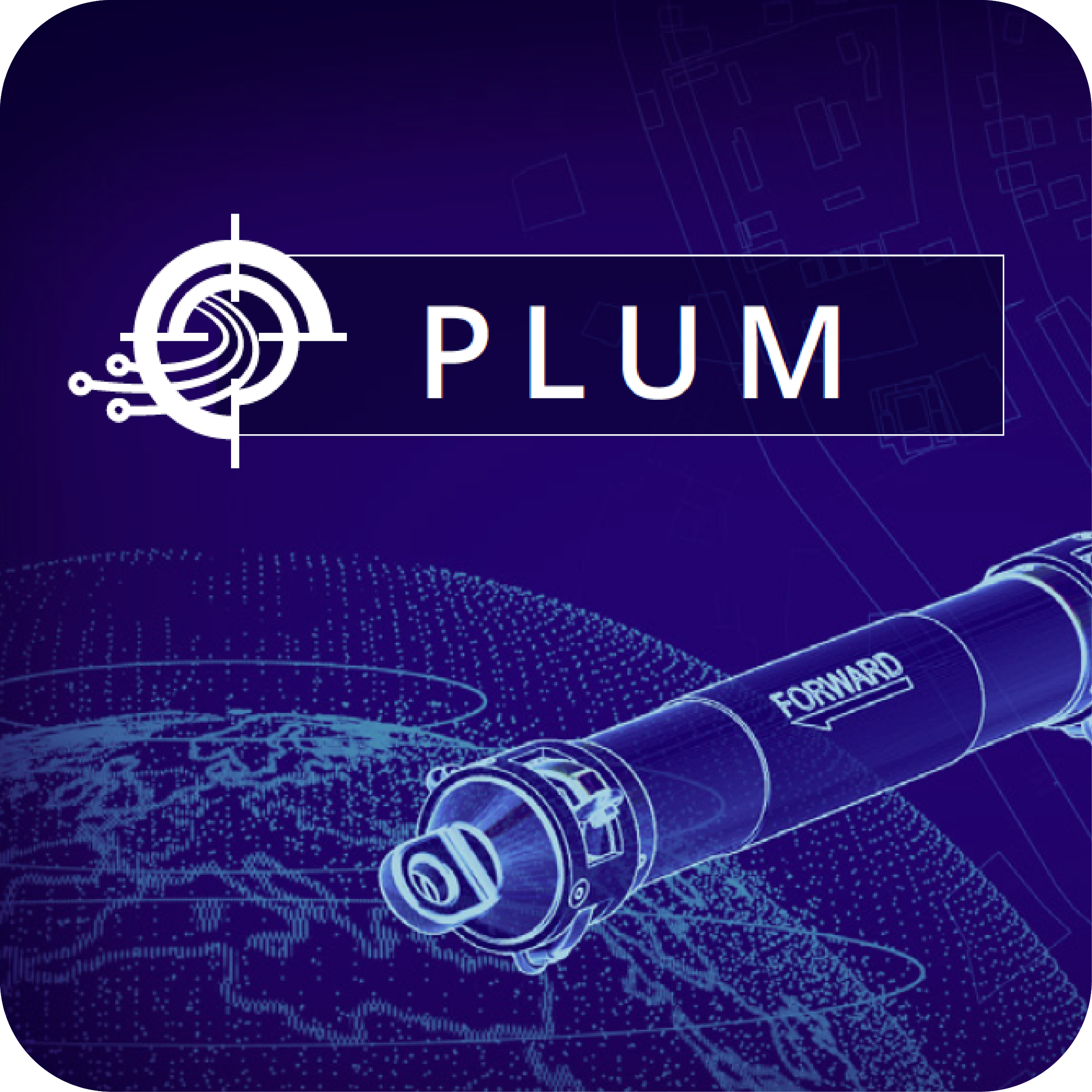 A digital illustration with the word 'PLUM' and the Intelligent Mapping™ logo, background of a wireframe globe and a diagram of a tube labeled 'FORWARD', on a purple background