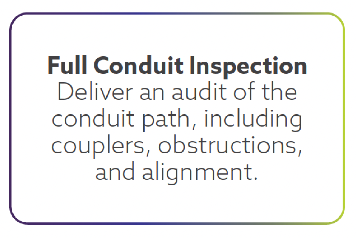 Full conduit inspection description on a sign, detailing the process of inspecting conduit paths, couplers, obstructions, and alignment.