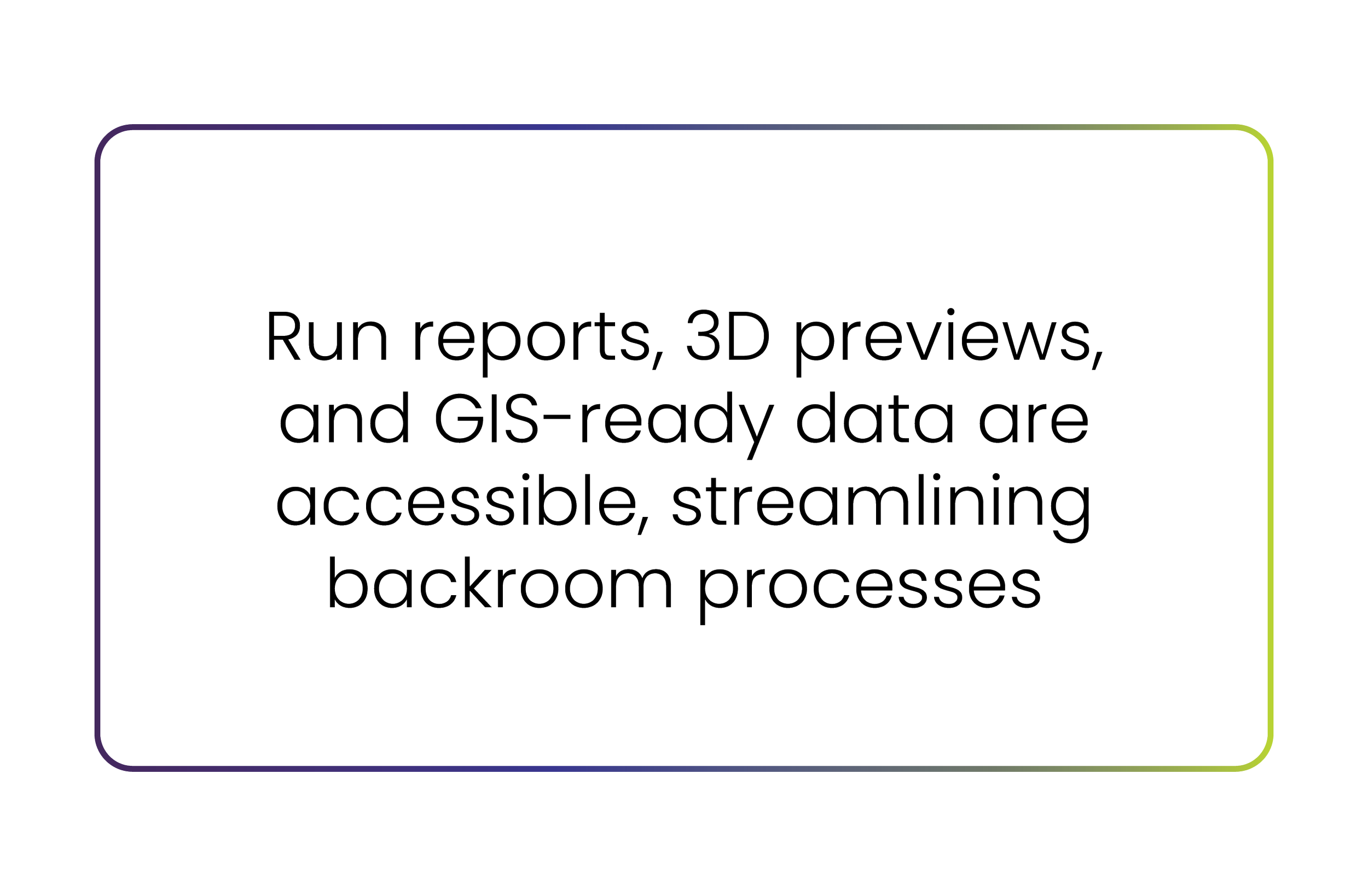 Graphic box with the text 'Run reports, 3D previews, and GIS-ready data are accessible, streamlining backroom processes.'