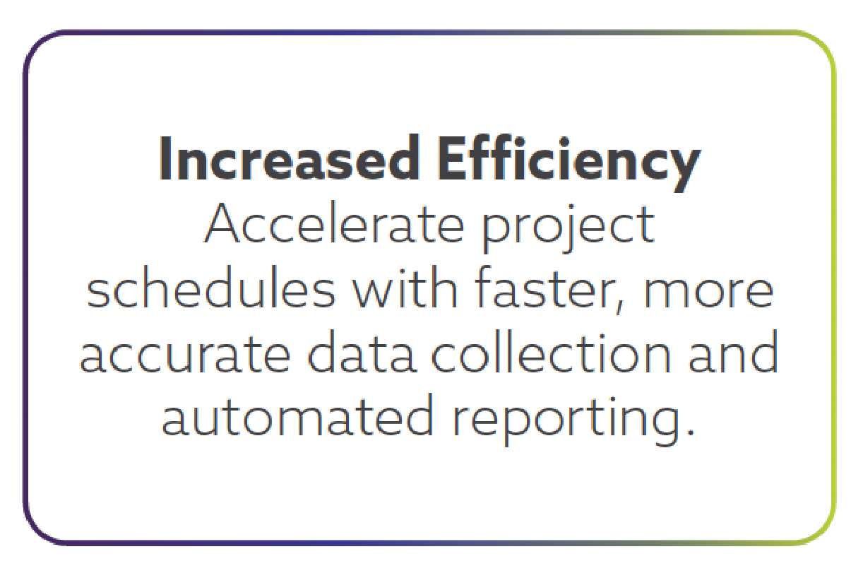 Text box with a white background and green and purple border. The text inside reads 'Increased Efficiency Accelerate project schedules with faster, more accurate data collection and automated reporting.'