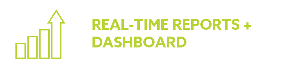 Graphic displaying an upward trending bar chart with green bars and arrow, alongside the text 'Real-Time Reports + Dashboard' in bright green.