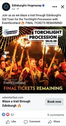 Crowd of people gathered with torches at sunset for Edinburgh's Hogmanay torchlight procession event, promoting last chance to buy tickets for December 29, 2025.