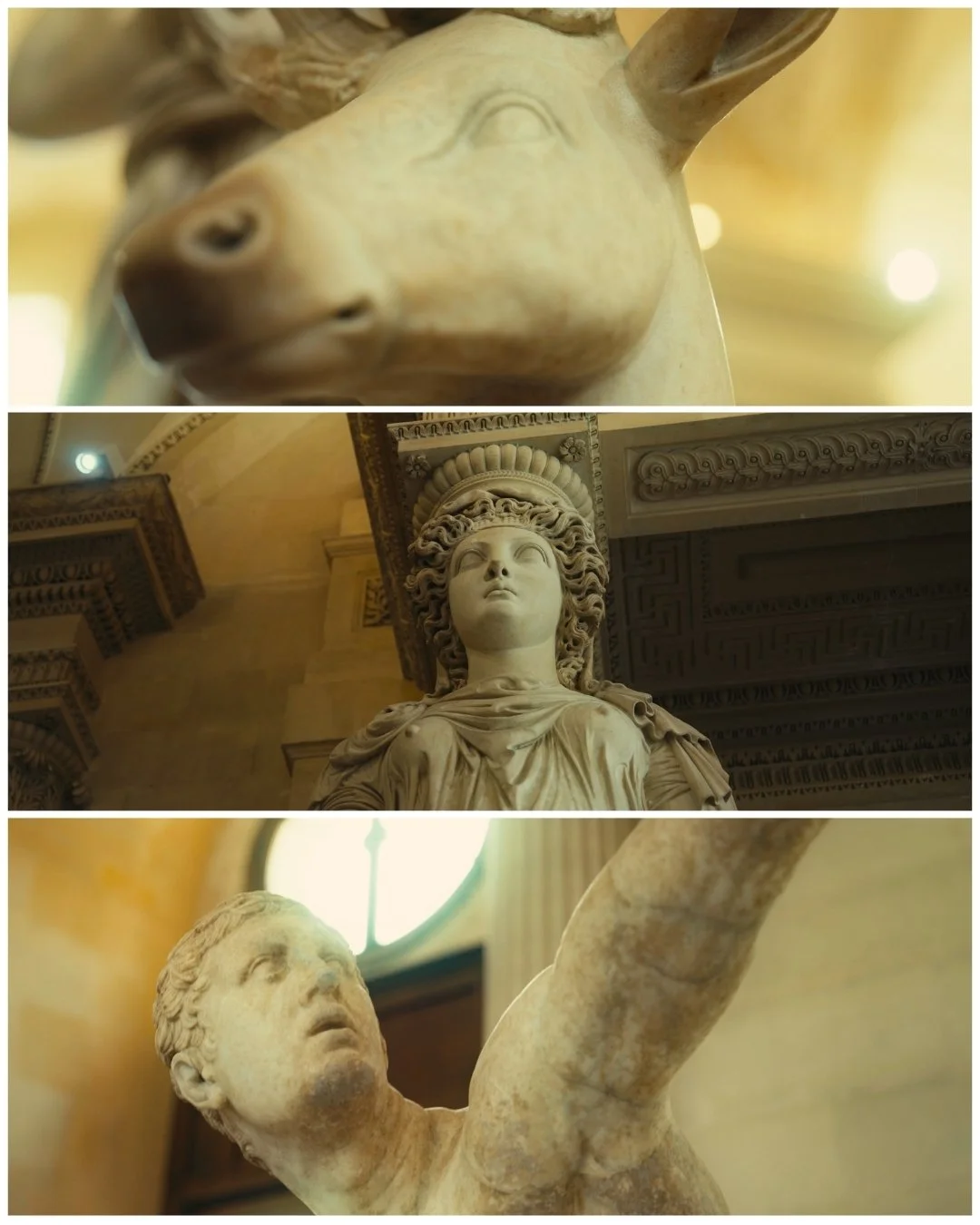 Close-up of a horse statue, classical sculpture of a woman, and a marble statue of a person reaching upward, all displayed indoors.