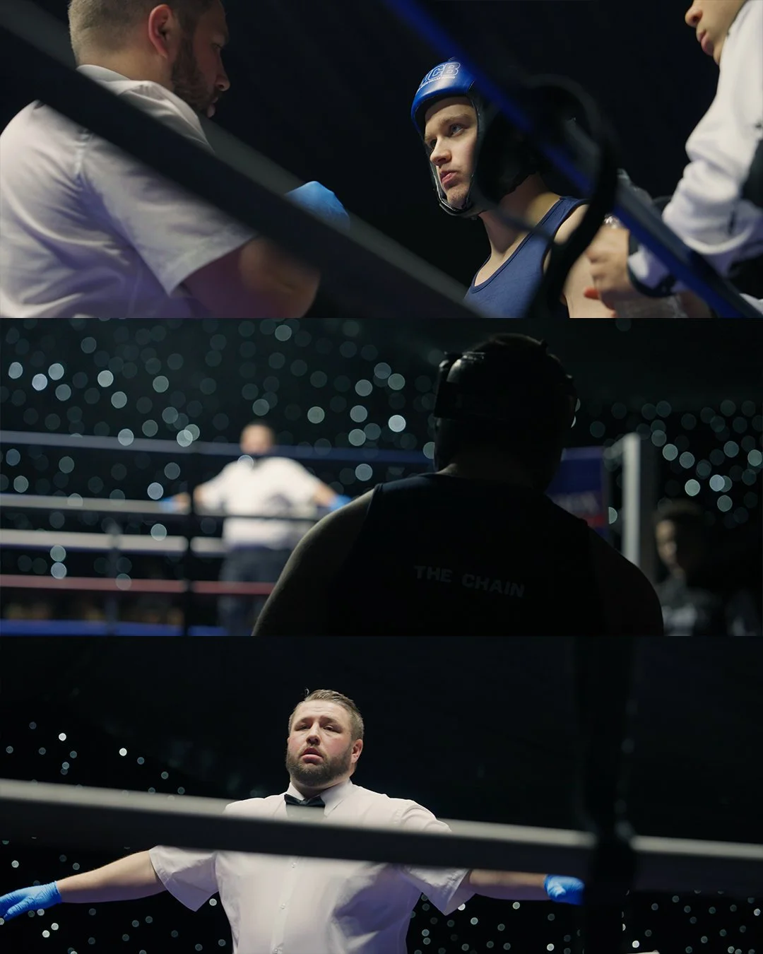 A boxing match scene with a boxer wearing a helmet and a blue tank top receiving instructions from his corner team, a referee preparing in the ring with bokeh lights in the background, and a referee in a white shirt with a bow tie with arms outstretc