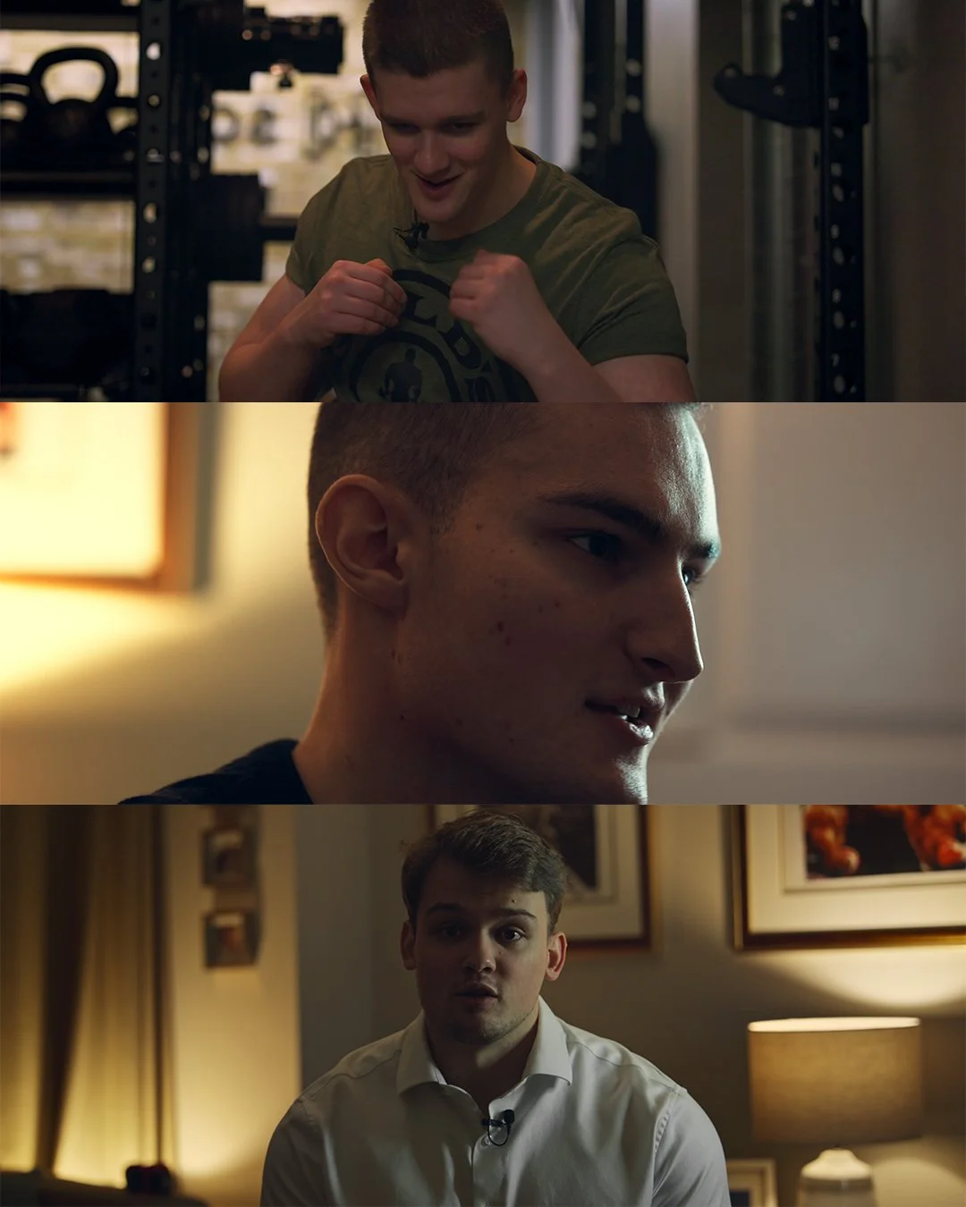 Three young men in separate scenes: the first smiling and holding fists in a gym, the second in profile with a serious expression indoors, the third sitting in a well-lit room with a surprised expression, wearing a white shirt.