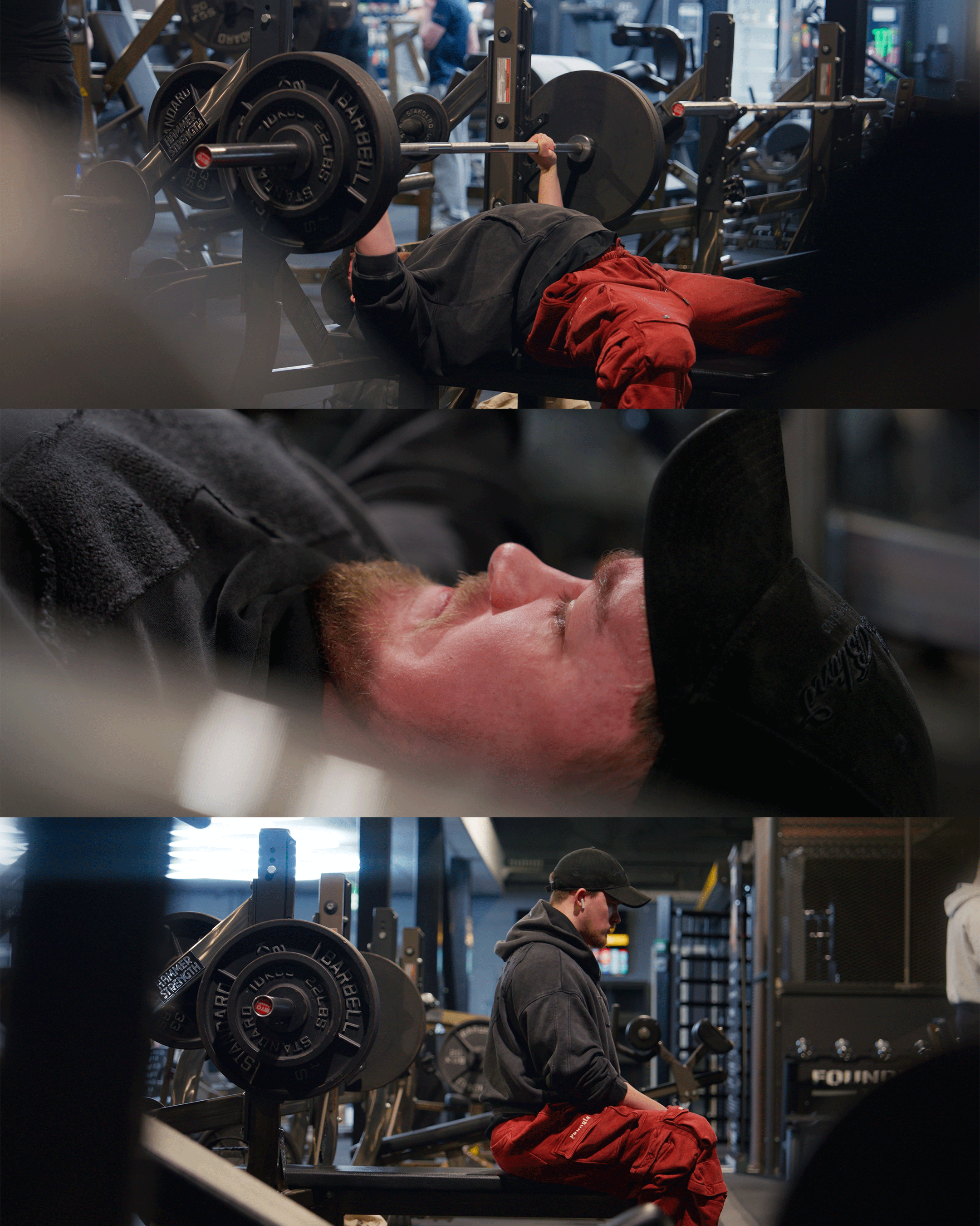 Three images show a man with red hair and a beard at a gym. The first image depicts him lying on a bench and lifting weights with a barbell. The second image is a close-up of his face while resting. The third image shows him sitting on a bench, weari