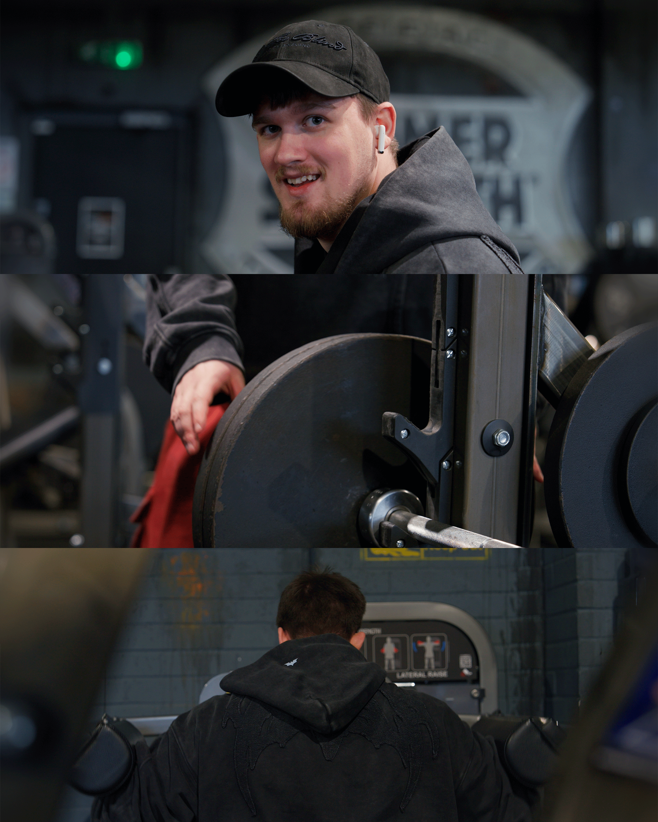 A young man with a beard and wireless earbuds wearing a baseball cap and hoodie at a gym. A close-up of a person lifting weights with a focus on the weight plates. Another person in a black hoodie with Batman logo on the back, using an exercise machi