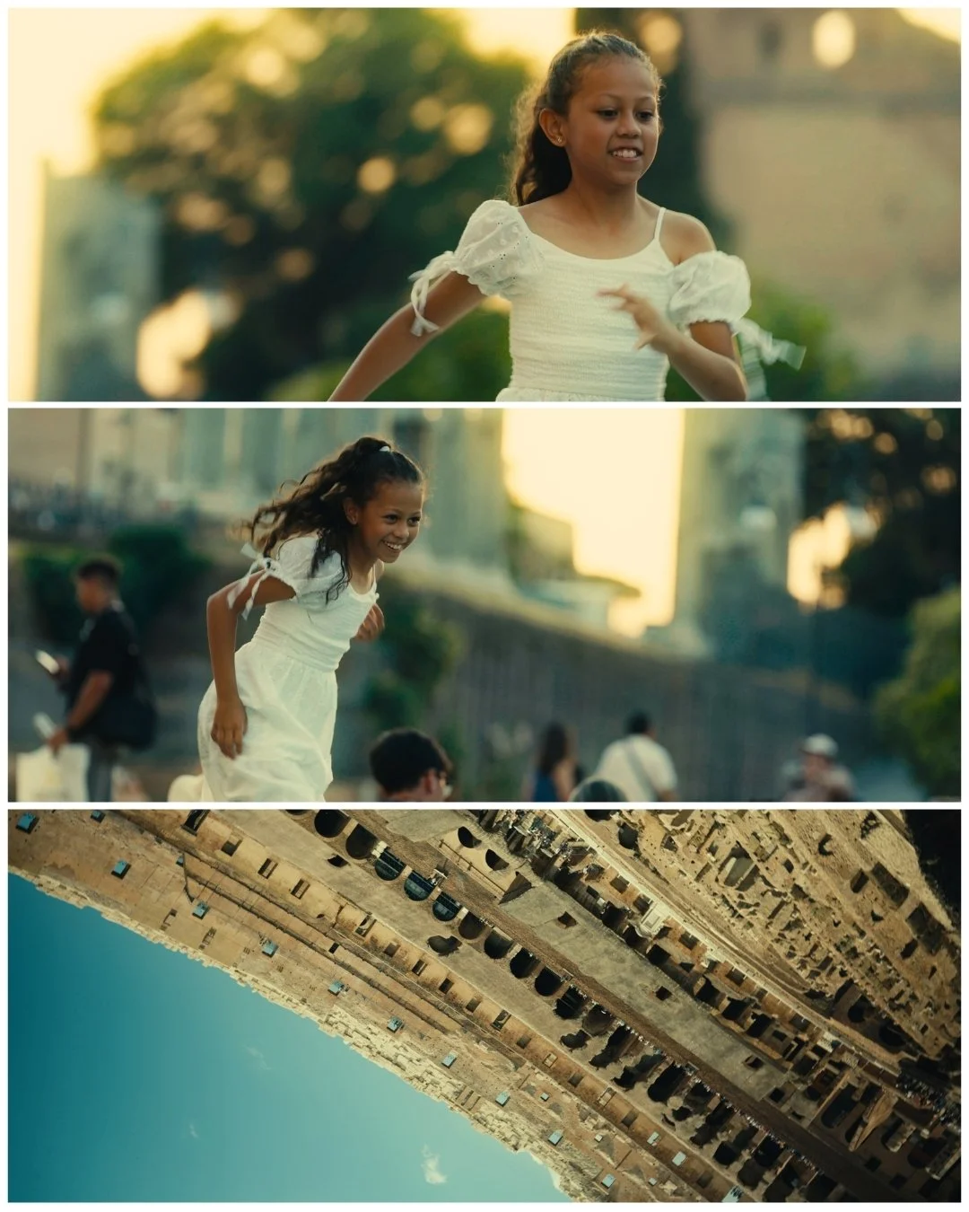 A girl running outdoors during sunset, wearing a white dress with puffed sleeves, smiling and enjoying her activity. The background shows trees and other people, suggesting a park or city setting. The third image captures an upside-down view of a cit