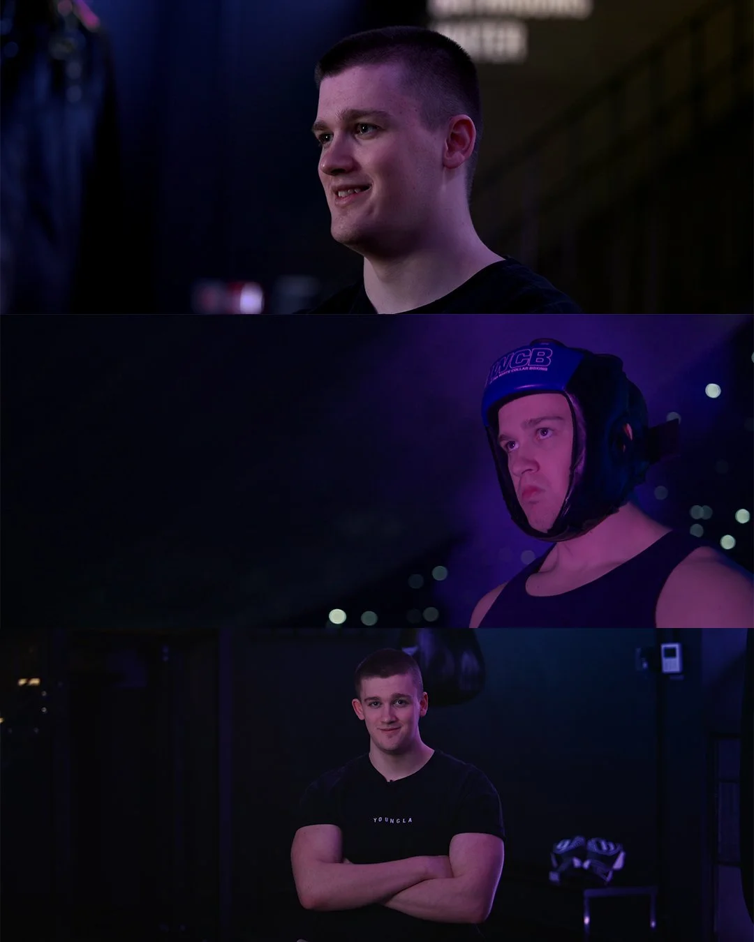 Three young men in a gym or training facility, with the middle one wearing boxing headgear, the top one smiling, and the bottom one standing with arms crossed, all in low lighting.